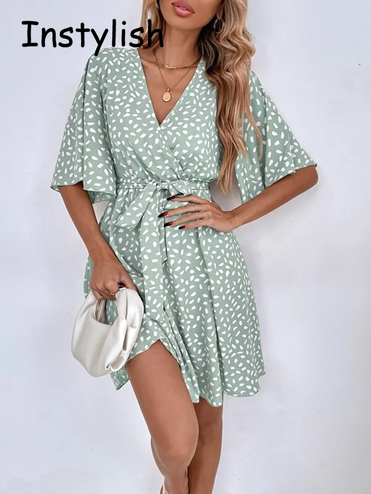French Vintage Floral Midi Dress - Gaun Mini motif titik kasual, Gaun