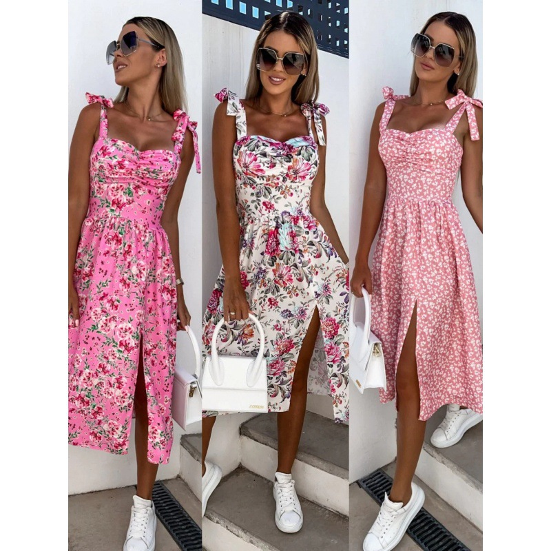 French Vintage Floral Midi Dress - Gaun musim panas wanita seksi motif