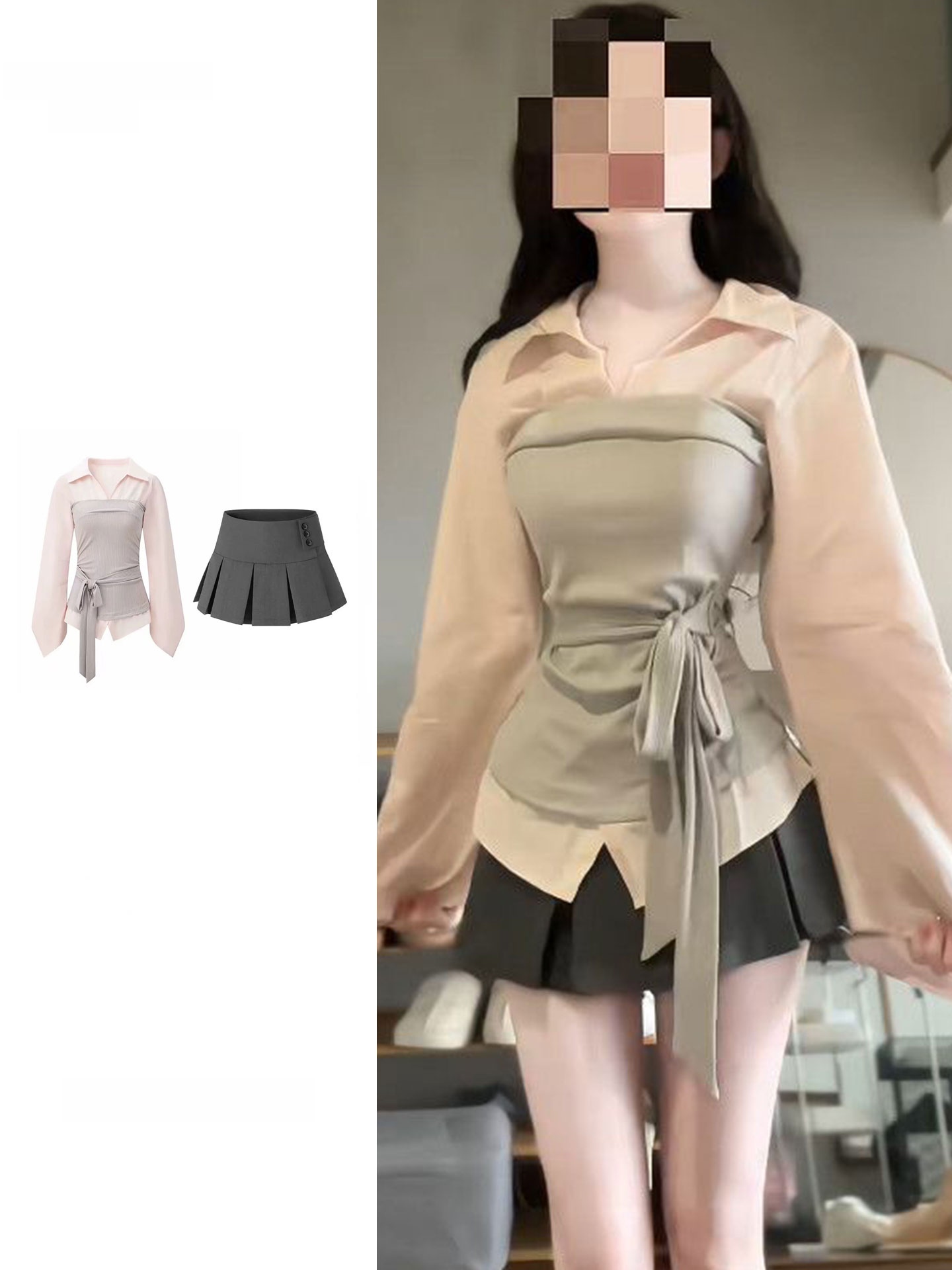Korean Style A Line Shirt Dress - Setelan Kemeja dan Rok Wanita Ukuran