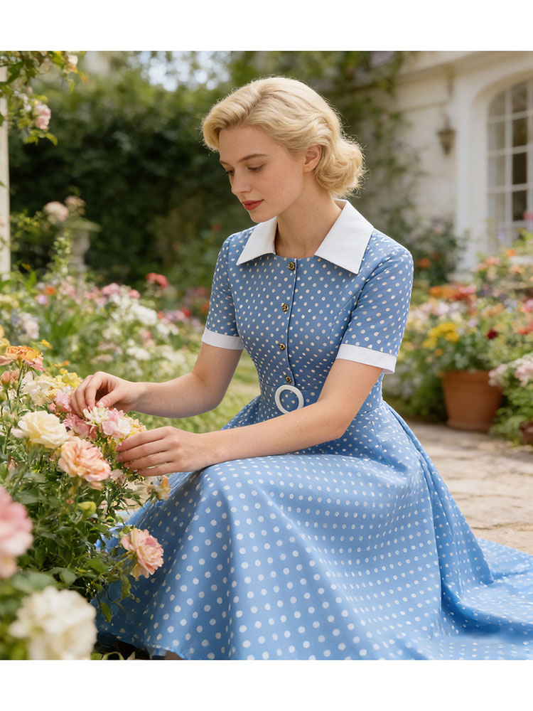 French Vintage Floral Midi Dress - Gaun Musim Panas Wanita Vintage Polka