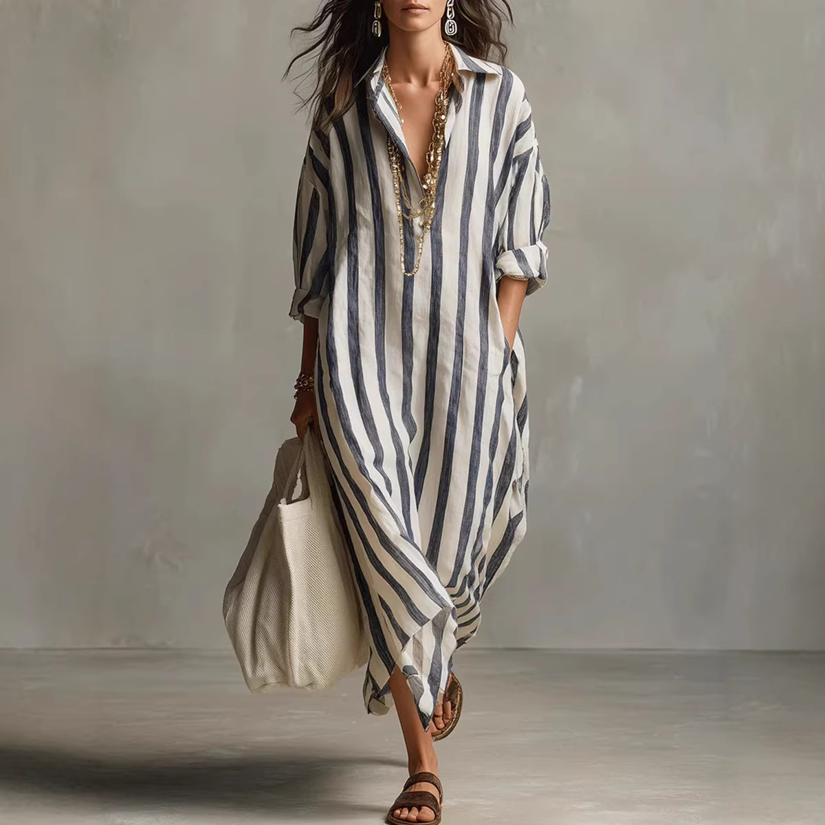 Casual Loose Linen Shirt Dress - Gaun kemeja linen bergaris elegan musim