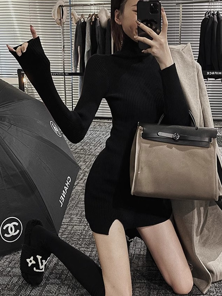 Gaun Mini Bodycon Wanita Rajut - Bodycon Long Sleeve Ribbed Dress ulasan dan harga