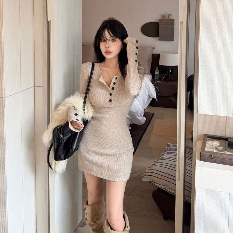 Gaun Rajut Bodycon Wanita Y2k  - Bodycon Long Sleeve Ribbed Dress ulasan dan harga