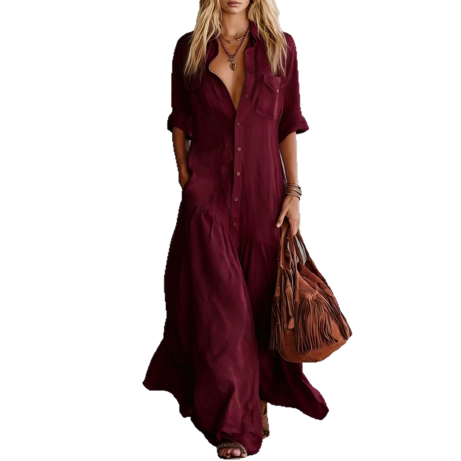 Gaun Kemeja Maxi Wanita Musim  - Casual Loose Linen Shirt Dress ulasan dan harga