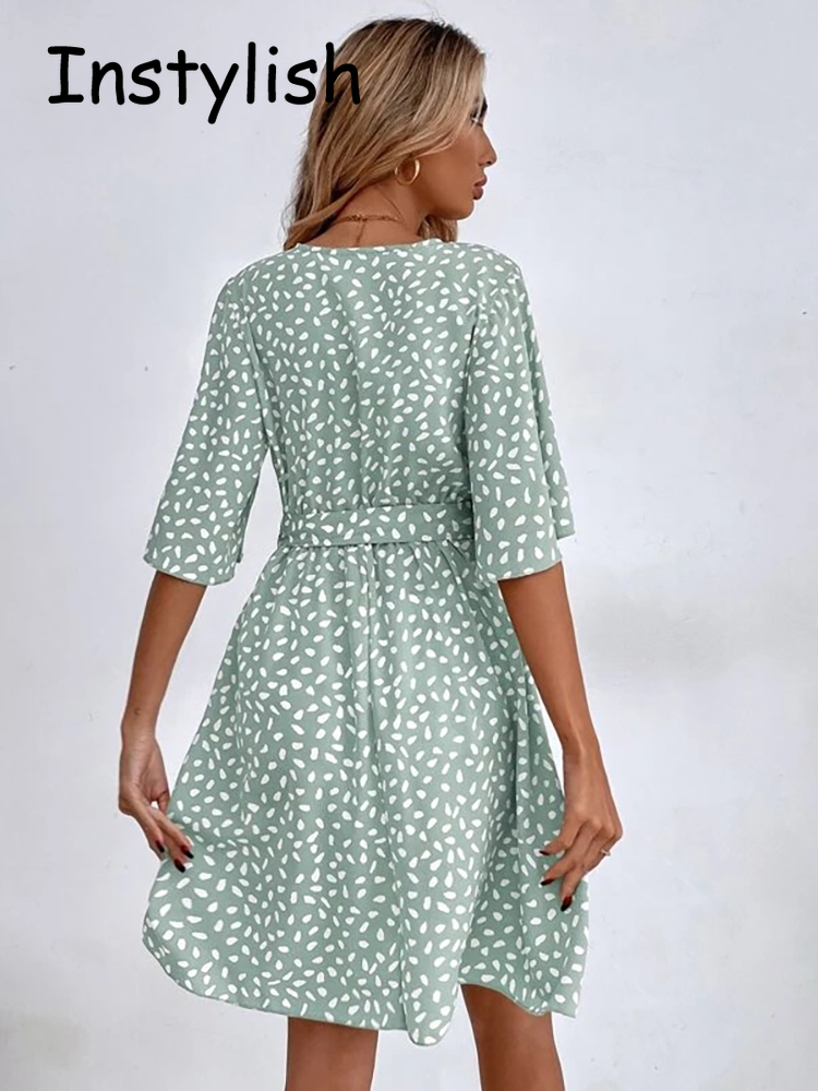 Gaun Mini motif titik kasual,  - French Vintage Floral Midi Dress ulasan dan harga