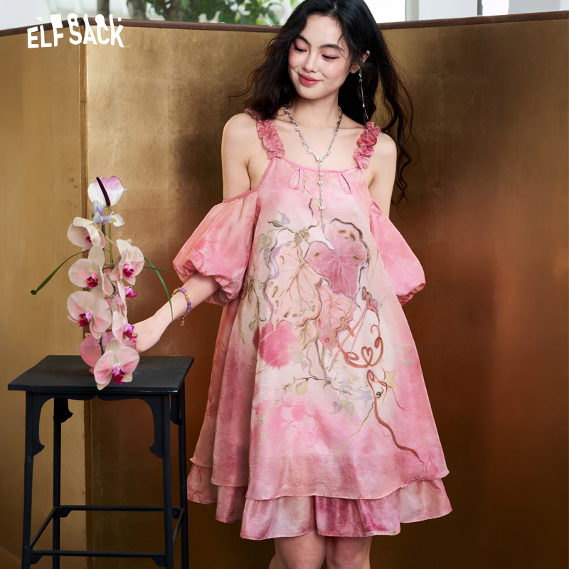 Gaun Sifon Jacquard Tie-Dye Wa - Off Shoulder Puff Sleeve Sundress ulasan dan harga