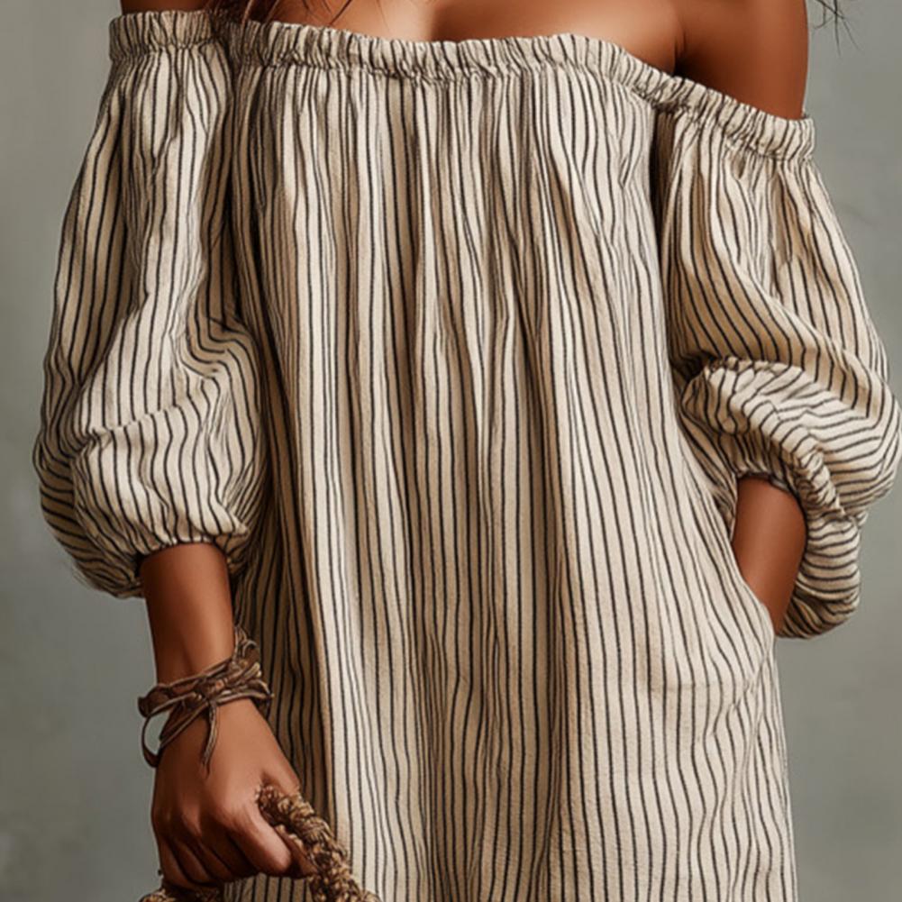 Gaun Maxi Wanita Musim Semi Mu - Off Shoulder Puff Sleeve Sundress ulasan dan harga
