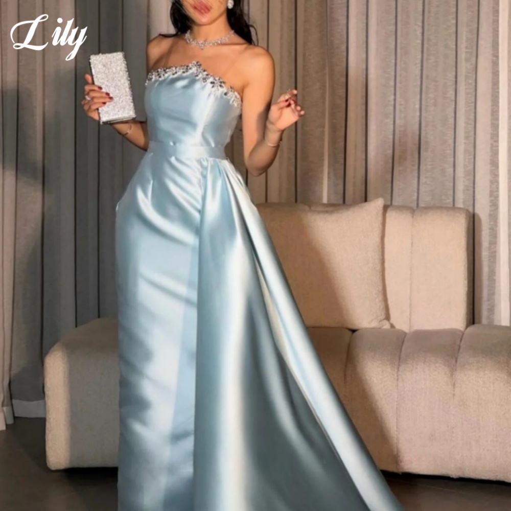 Gaun Formal Elegan Biru Lily G - Elegant Satin Evening Gown Split ulasan dan harga