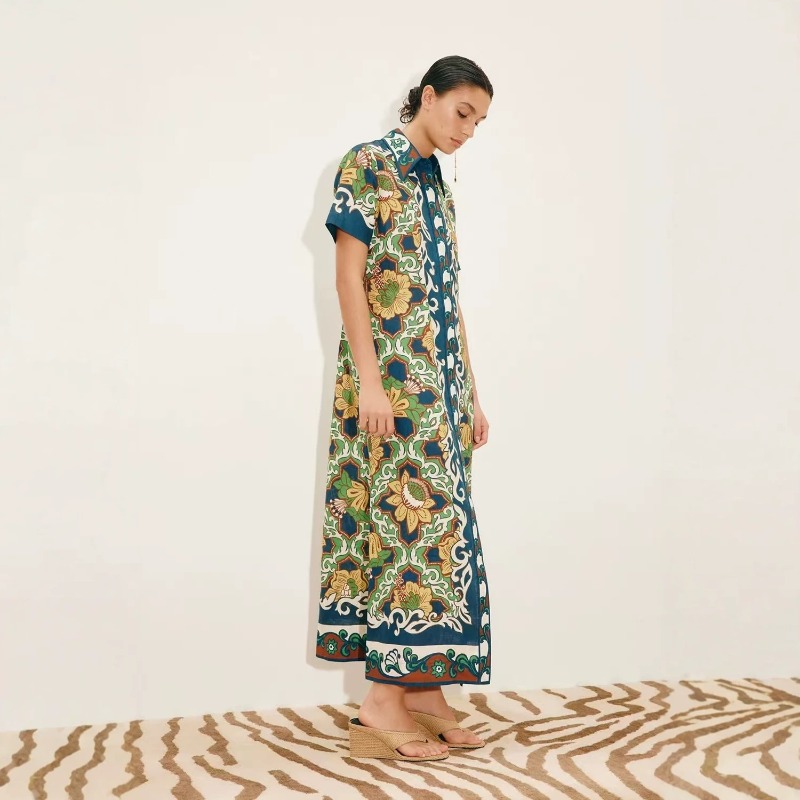 Gaun Kemeja Maxi Wanita Motif  - Casual Loose Linen Shirt Dress ulasan dan harga