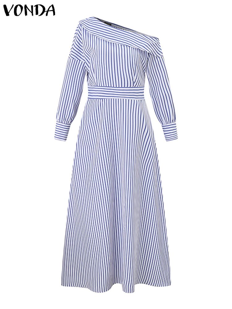 VONDA gaun Maxi bergaris wanit - Off Shoulder Puff Sleeve Sundress ulasan dan harga
