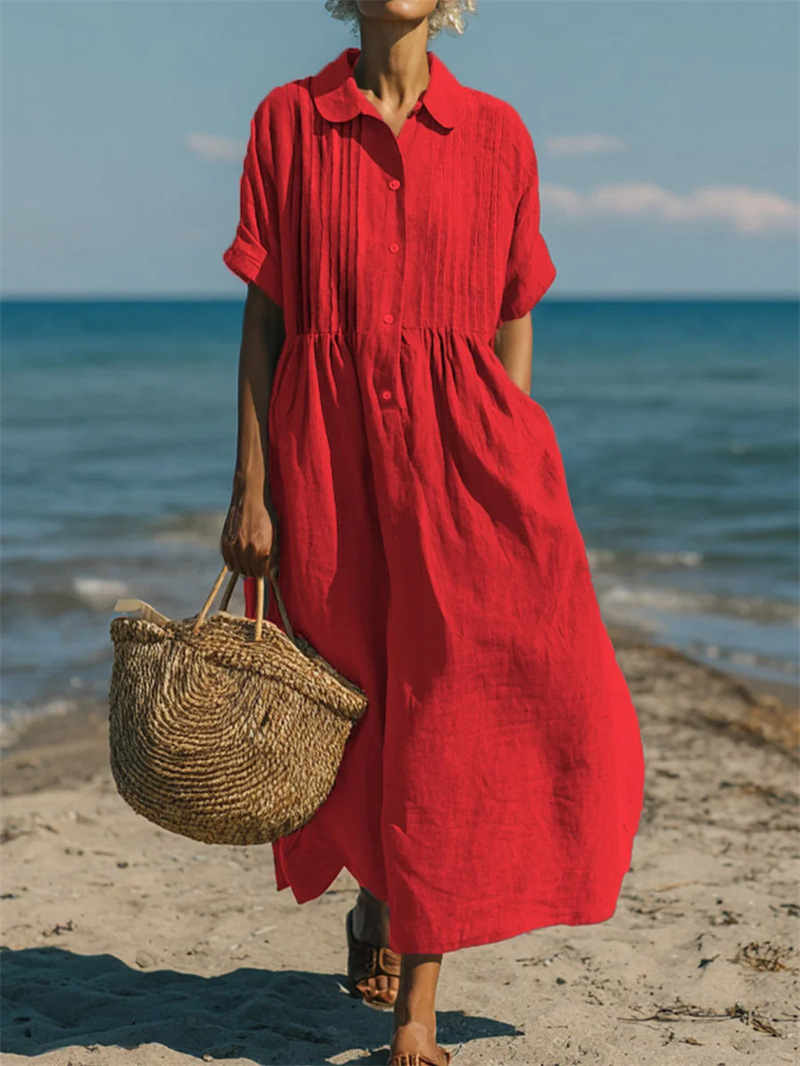 Gaun midi atau maxi dengan ker - Casual Loose Linen Shirt Dress ulasan dan harga