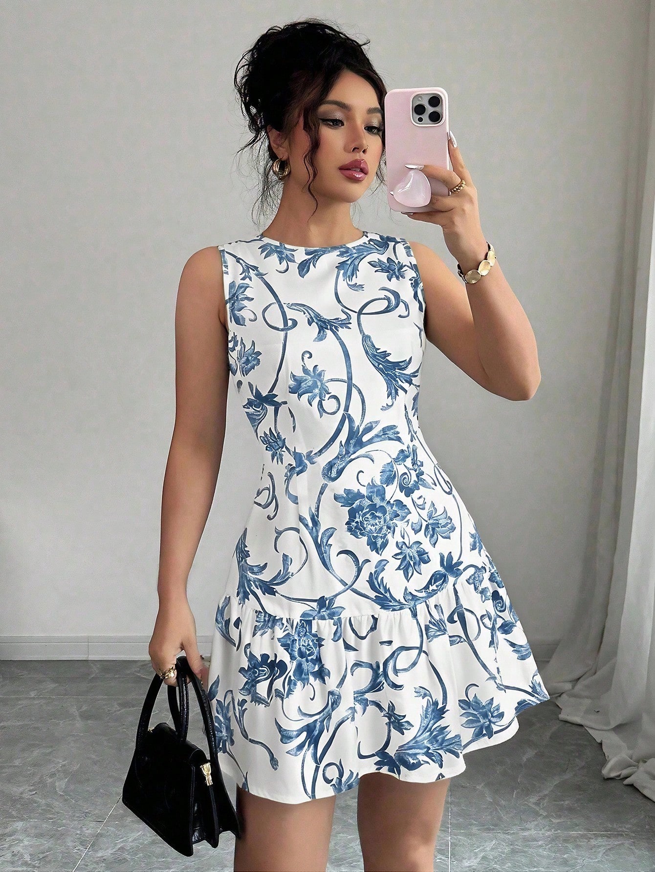 Gaun Mini Wanita Tanpa Lengan  - French Vintage Floral Midi Dress ulasan dan harga