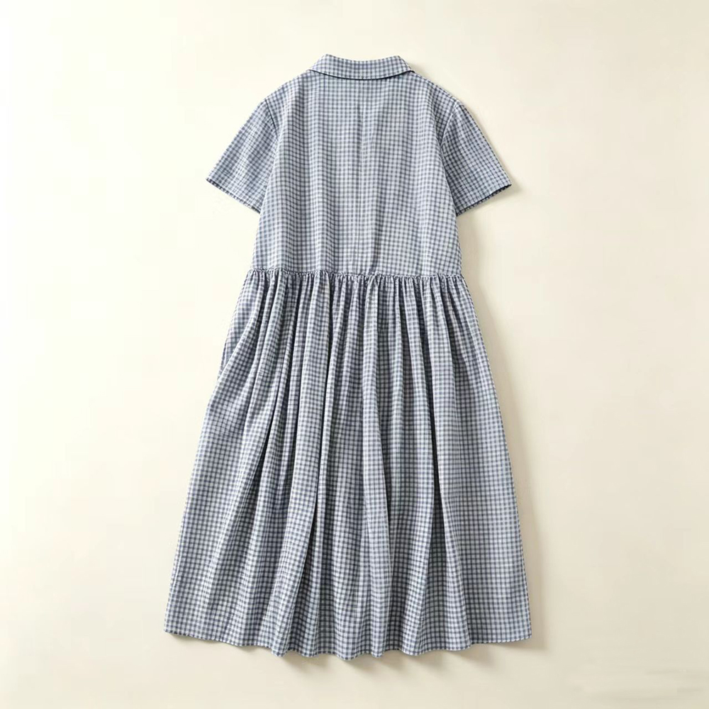 Gaun Midi Kerah Kotak-kotak Bi - Casual Loose Linen Shirt Dress ulasan dan harga