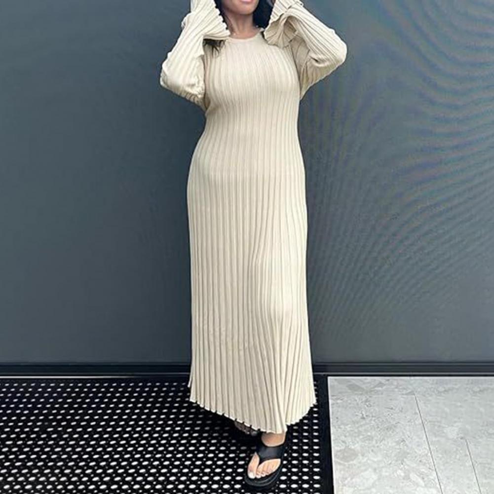 Gaun Rajut Bergaris Wanita Len - Bodycon Long Sleeve Ribbed Dress ulasan dan harga