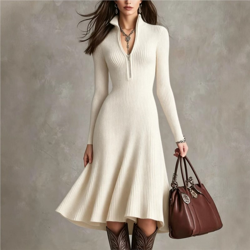 Gaun Midi Rajut Bergaris untuk - Bodycon Long Sleeve Ribbed Dress ulasan dan harga