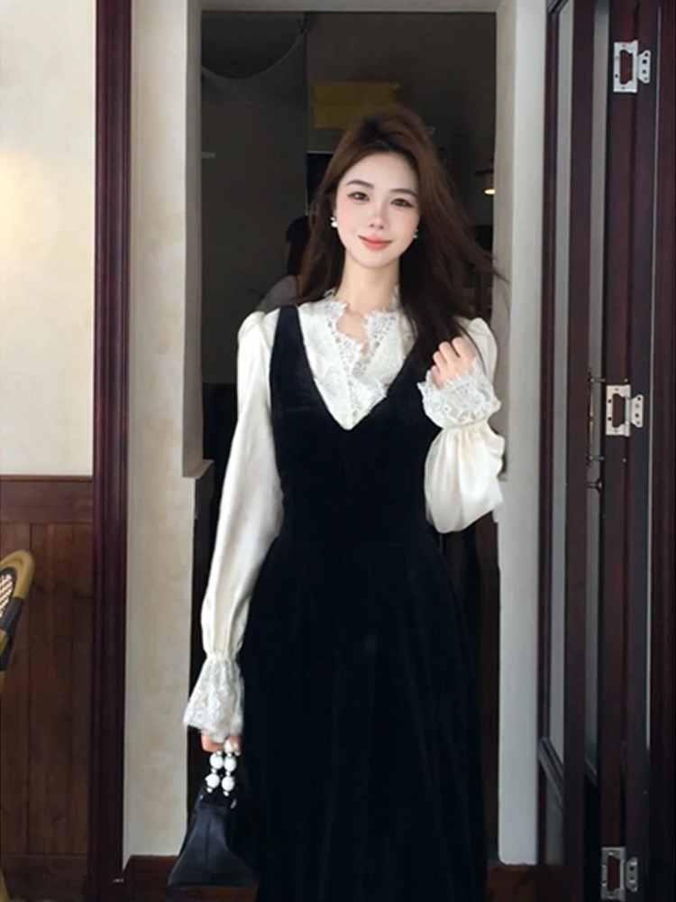 XZY Chic Lace Lace Patchwork S - Korean Style A Line Shirt Dress ulasan dan harga