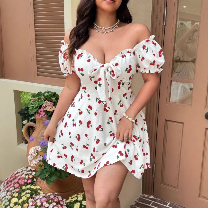Gaun Wanita Musim Panas Gaun B - Off Shoulder Puff Sleeve Sundress ulasan dan harga
