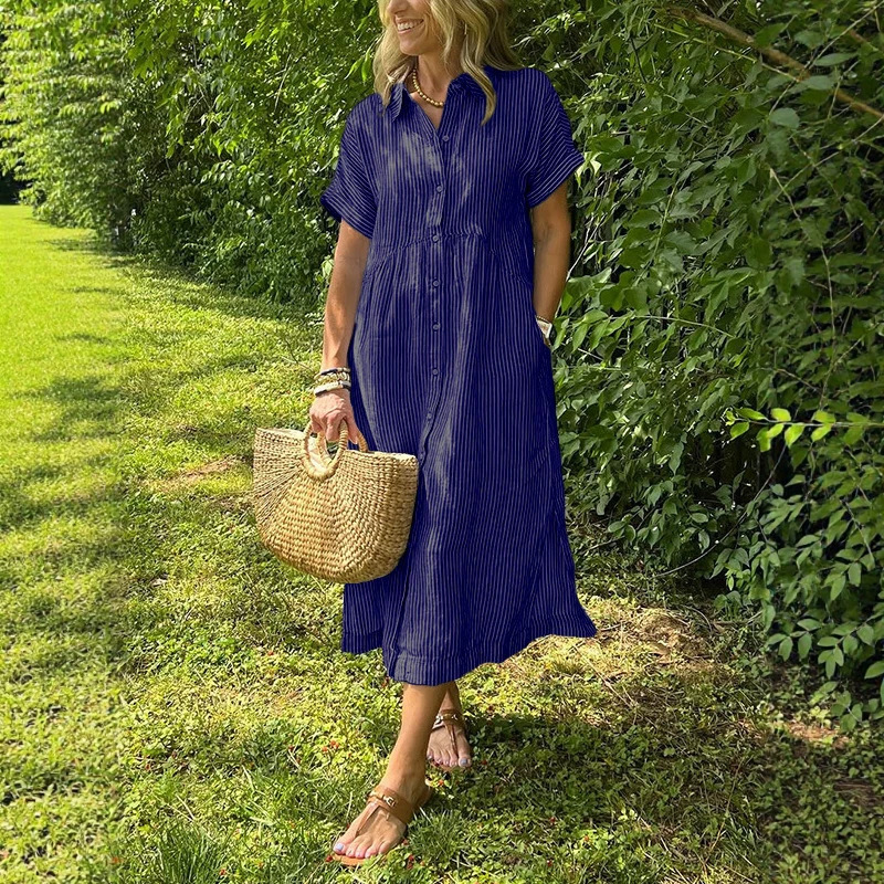 Gaun Kemeja Wanita Bergaris, M - Casual Loose Linen Shirt Dress ulasan dan harga