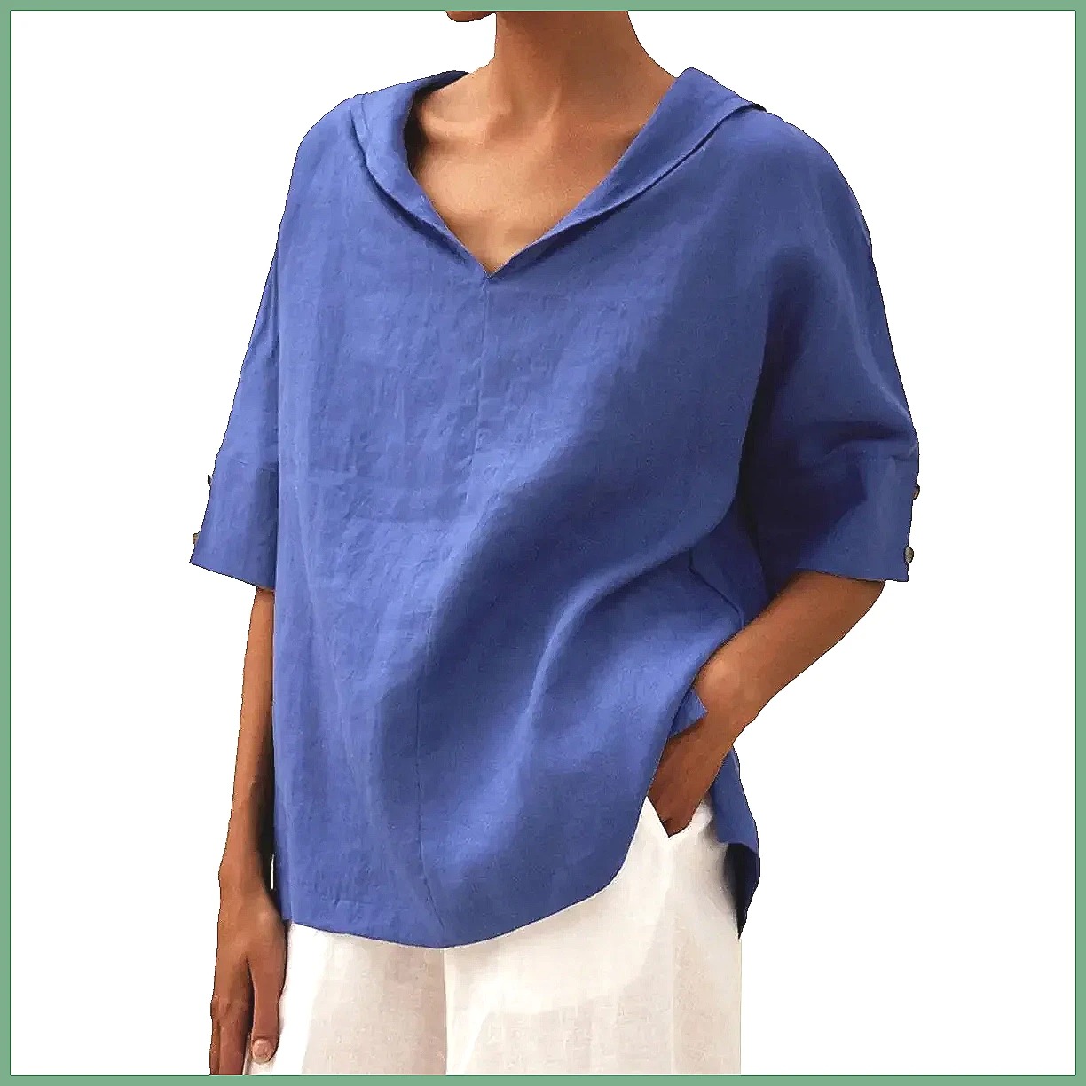 Kemeja Linen Katun Kerah V Lon - Blouses ulasan dan harga